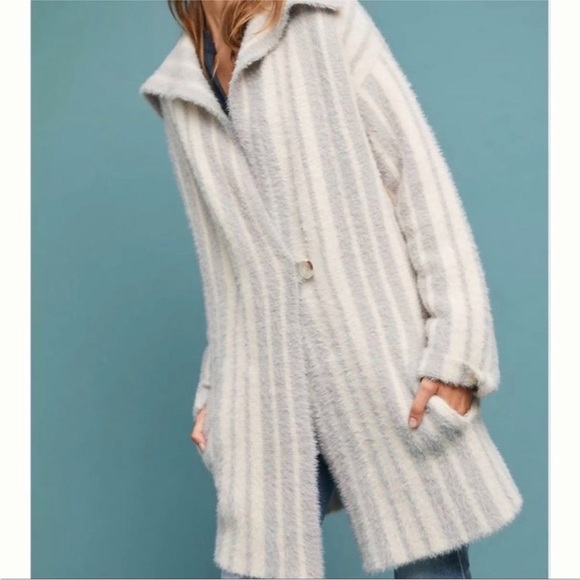 Moth by Anthropologie Wool/Alpaca Cream and Gray Striped Eyelash Cardigan Coat - Picture 2 of 4